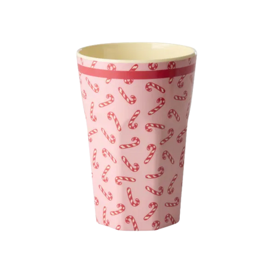 Tall melamine cup, pink with red candy cane print, festive holiday design