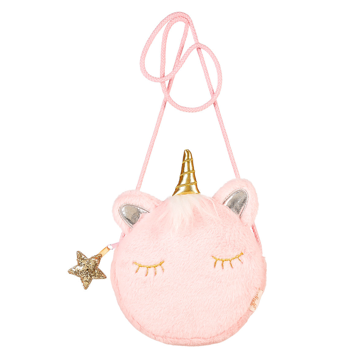 Pink plush unicorn purse with gold horn, embroidered closed eyes, star charm, and shoulder cord