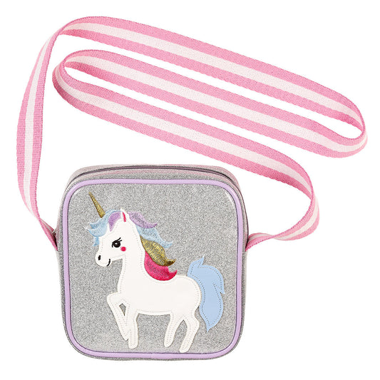 Silver glitter unicorn crossbody purse with zipper and pink-and-white striped strap