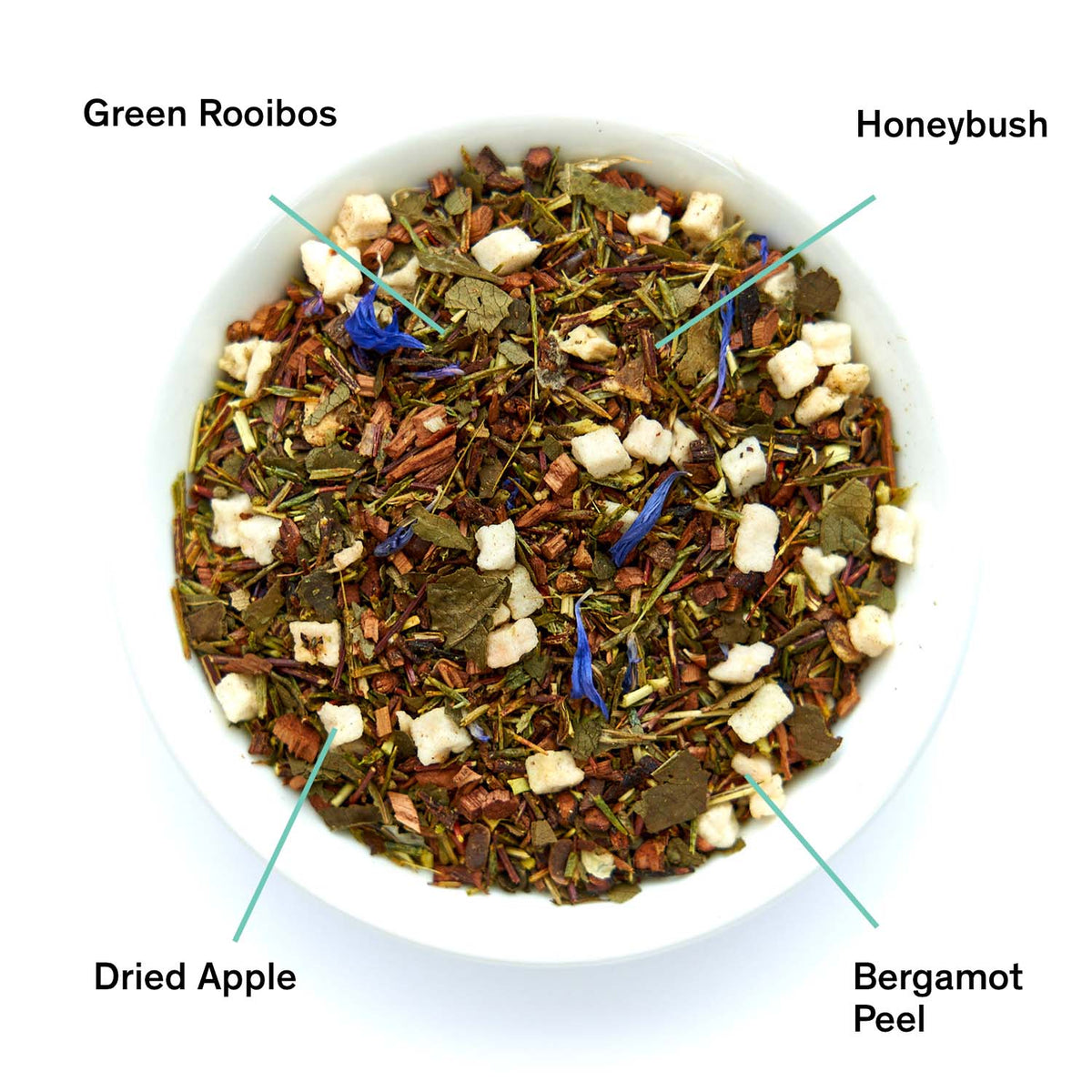 Apple bergamot herbal tea blend with dried apple, green rooibos, honeybush and bergamot peel