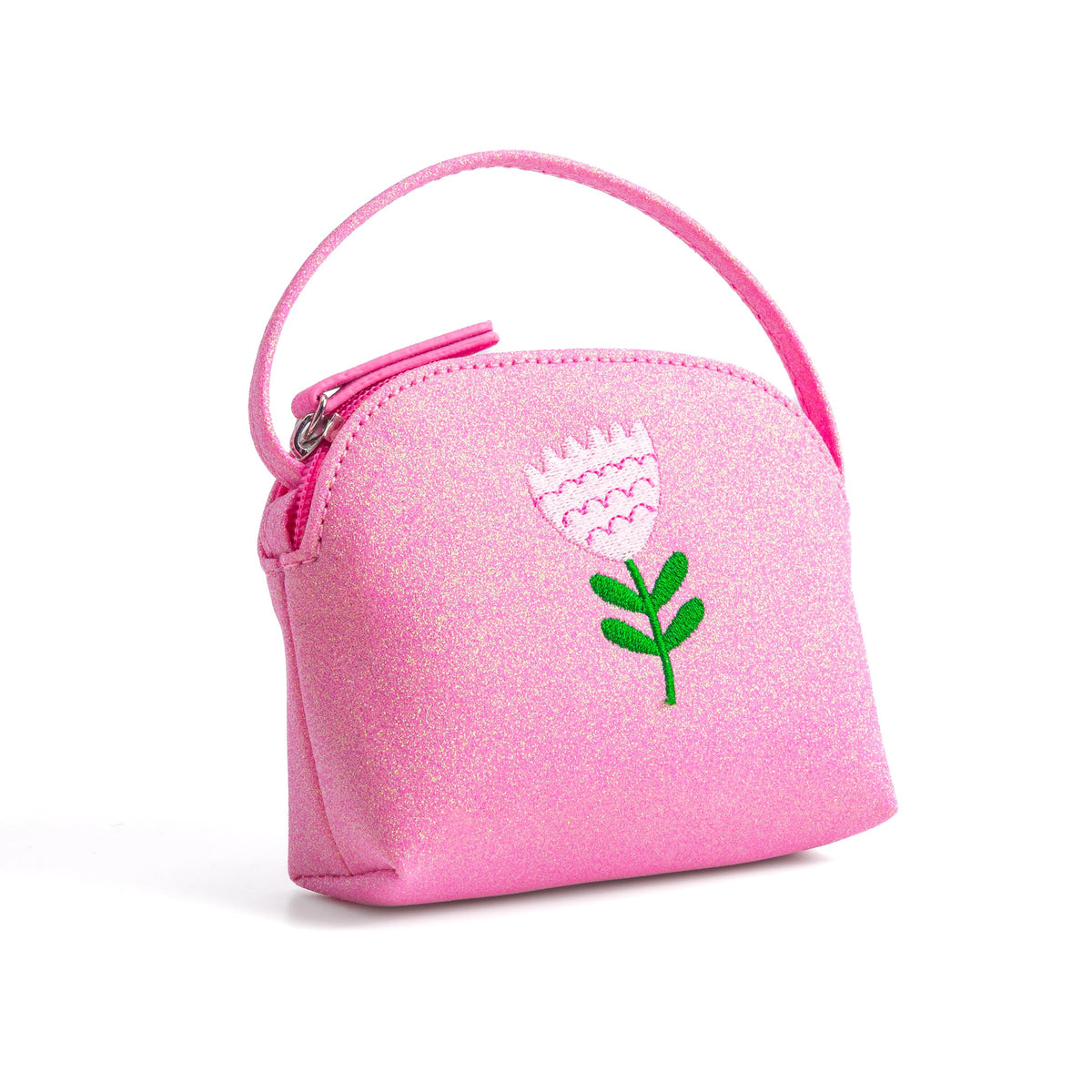 Pink glitter purse with top handle, zipper, and embroidered flower