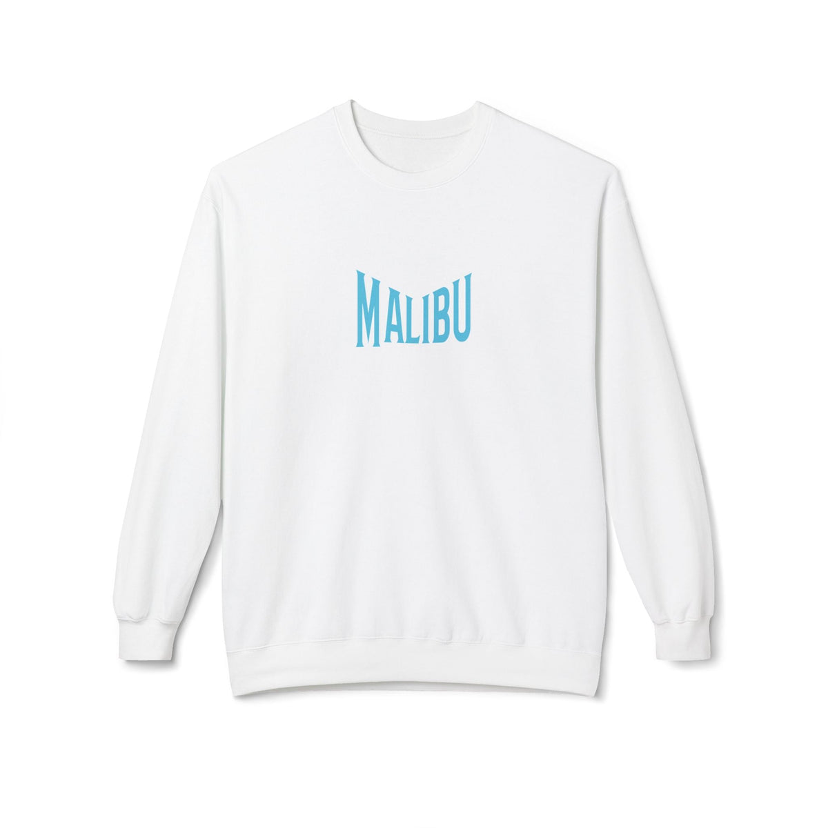 Fleece sweatshirt in white with teal MALIBU graphic on front