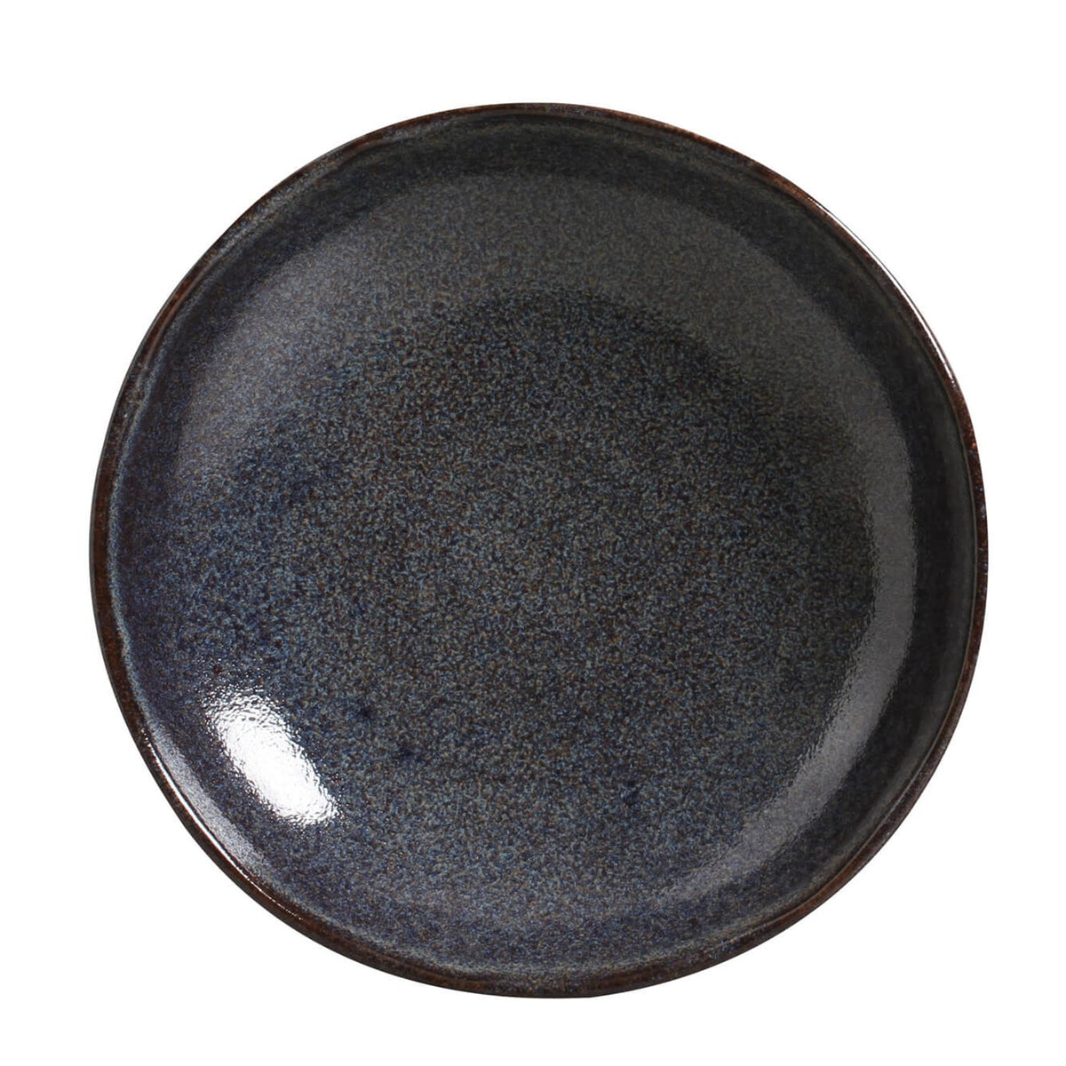 Dark blue-gray speckled ceramic pasta plate with glossy finish and shallow round bowl.