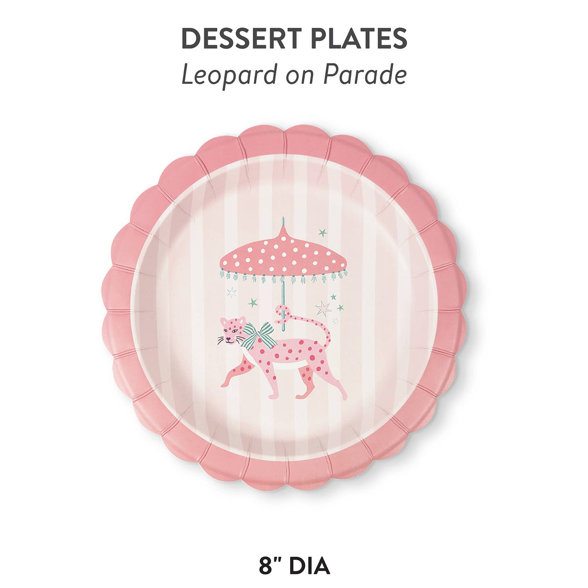 Pink scalloped dessert plate with striped background and carousel leopard graphic
