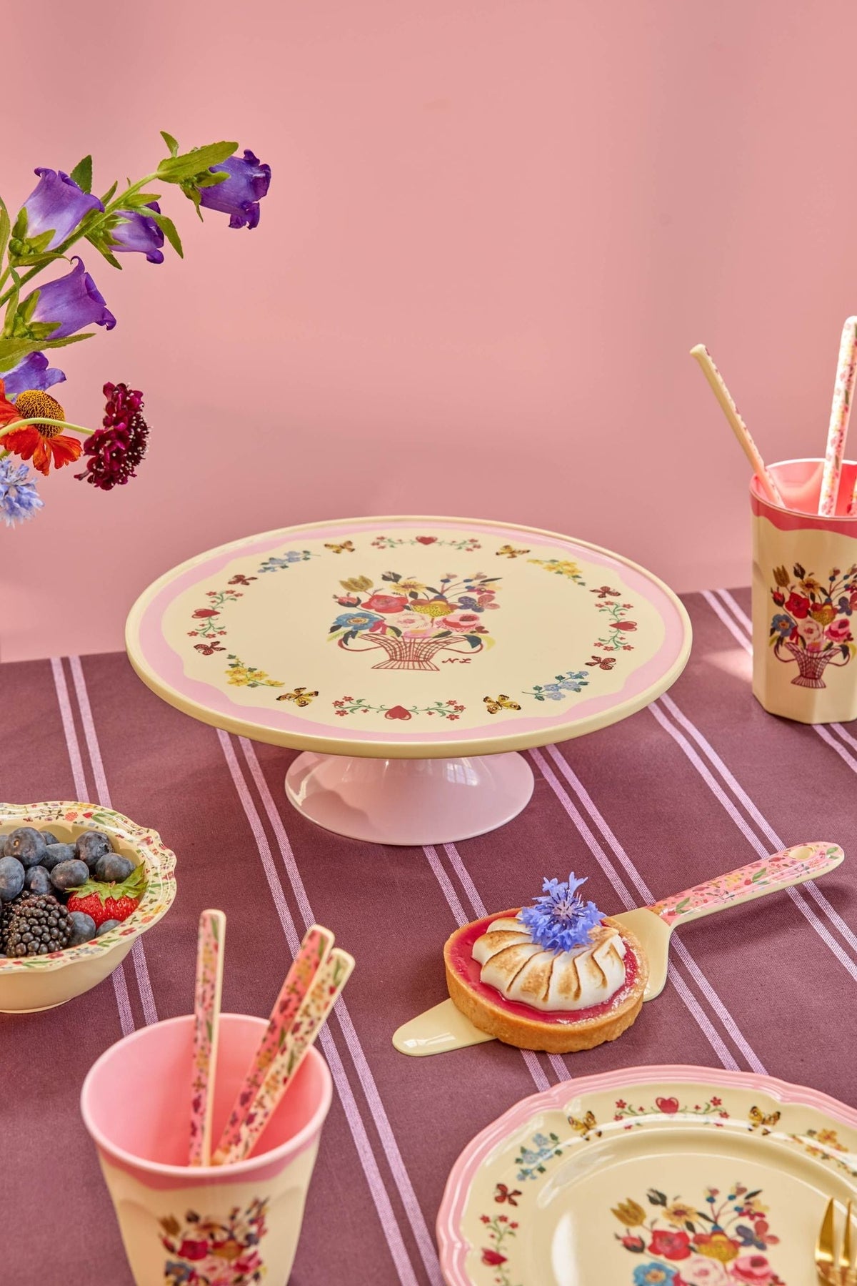 Pink melamine cake stand with Nathalie Lété floral print