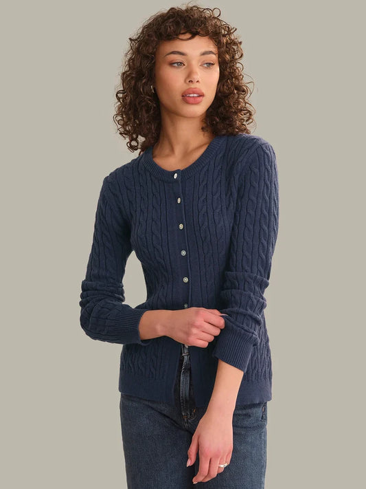 Dark blue cable-knit cardigan with front button placket and split hem