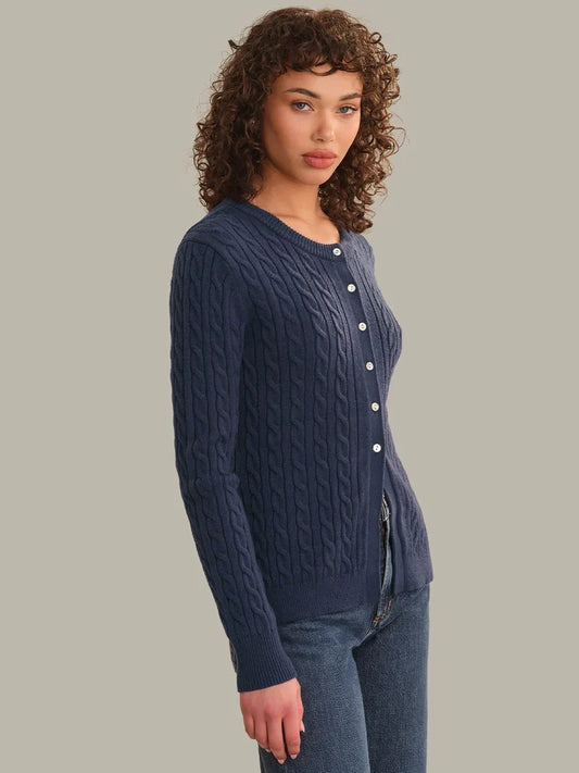 Dark blue cable-knit cardigan, side view, button-front and ribbed cuffs