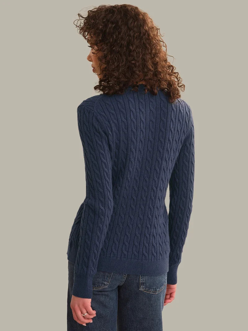Dark blue cable-knit cardigan, back view, ribbed hem and knit pattern