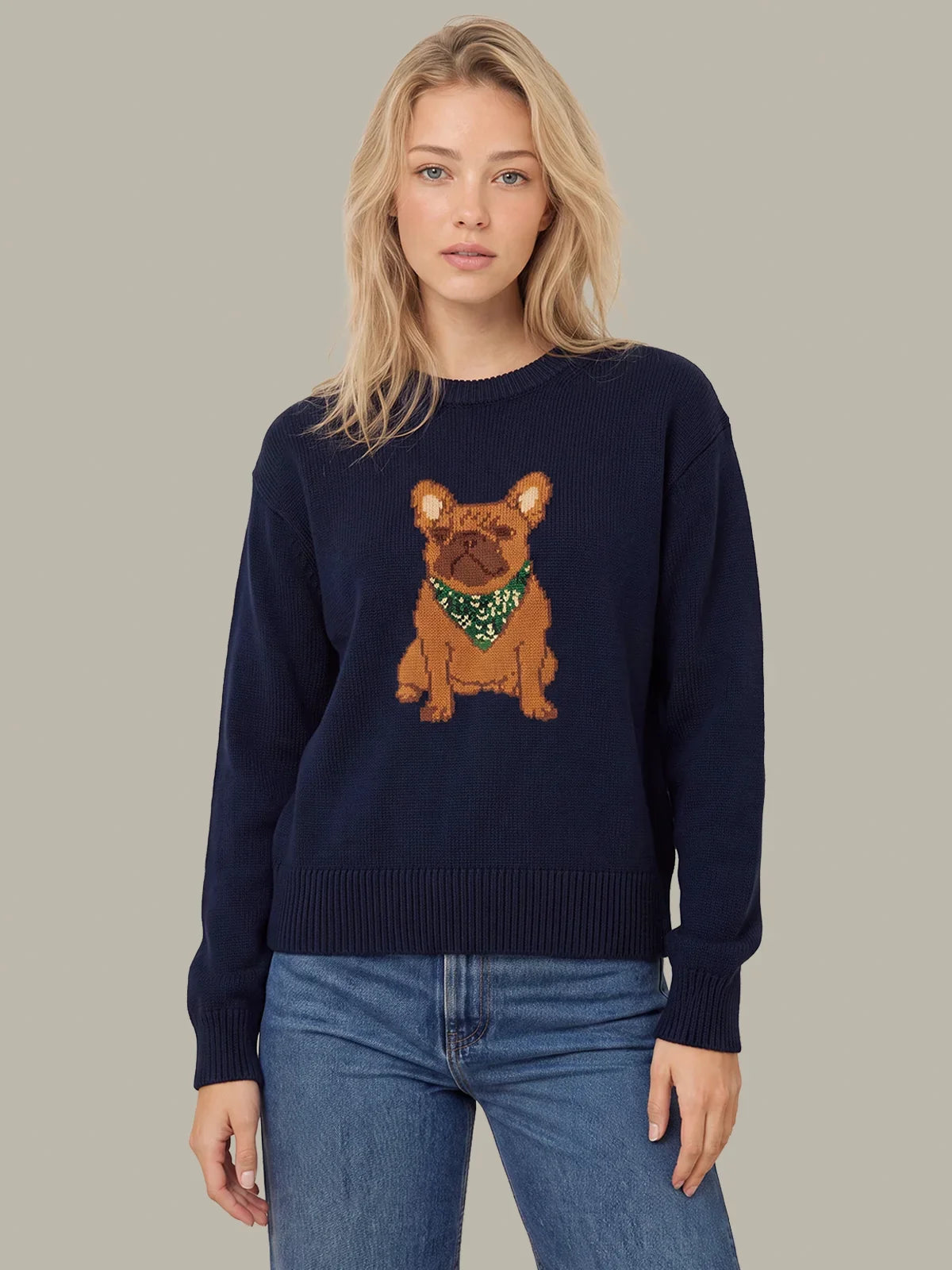 Navy crewneck knit sweater with dog graphic and green bandana, ribbed hem and cuffs