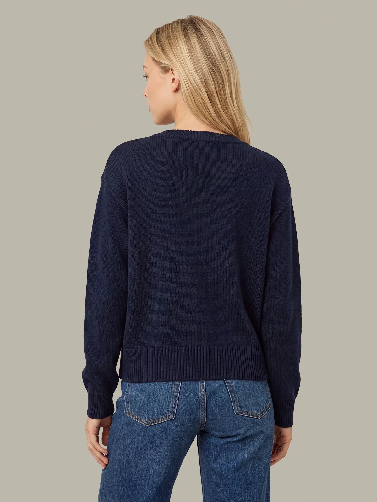 Navy crewneck knit sweater, ribbed cuffs and hem; plain back