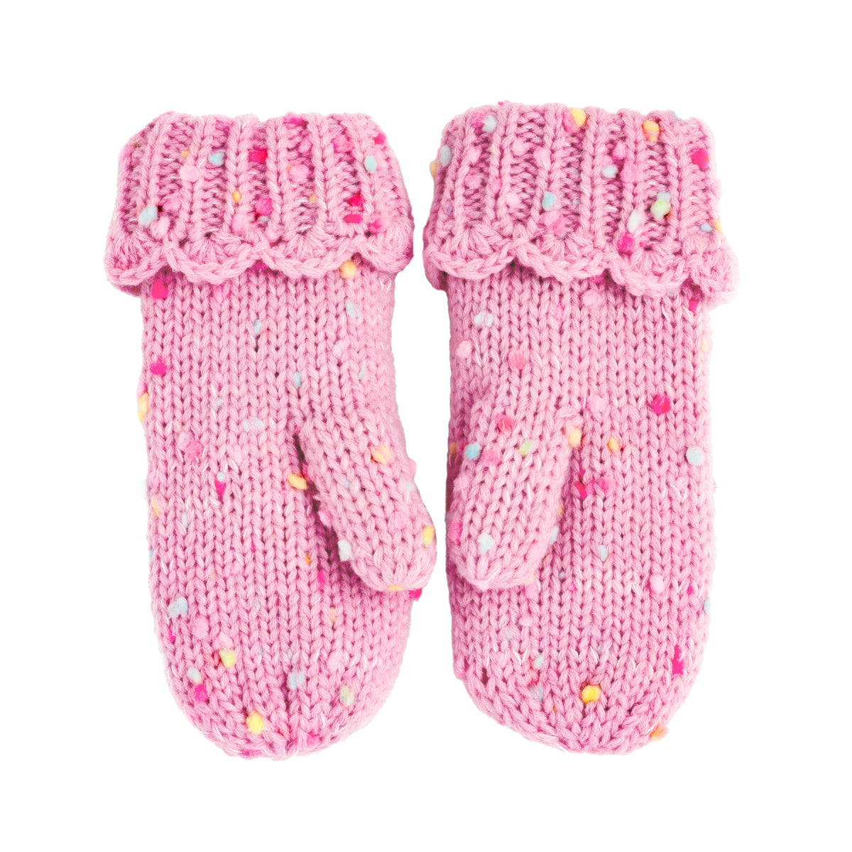 Pair of pink speckled mittens with ribbed scalloped cuffs