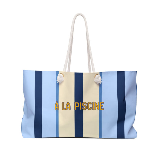 Oversized tote bag with rope handles, blue and beige vertical striped fabric