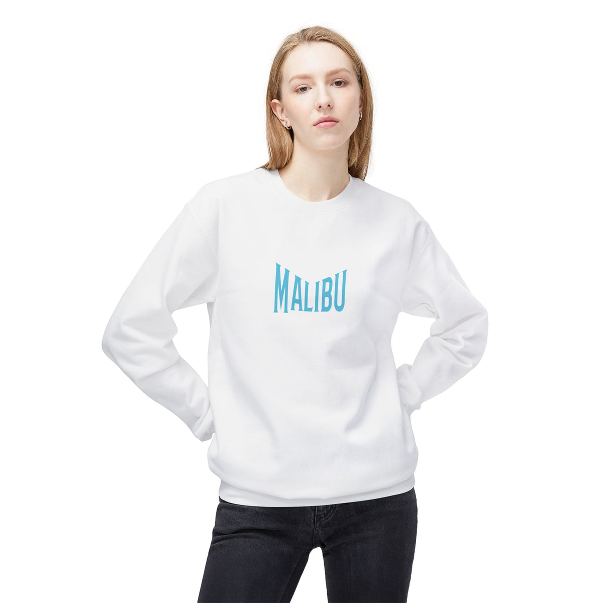 White fleece sweatshirt with teal MALIBU graphic, worn by model