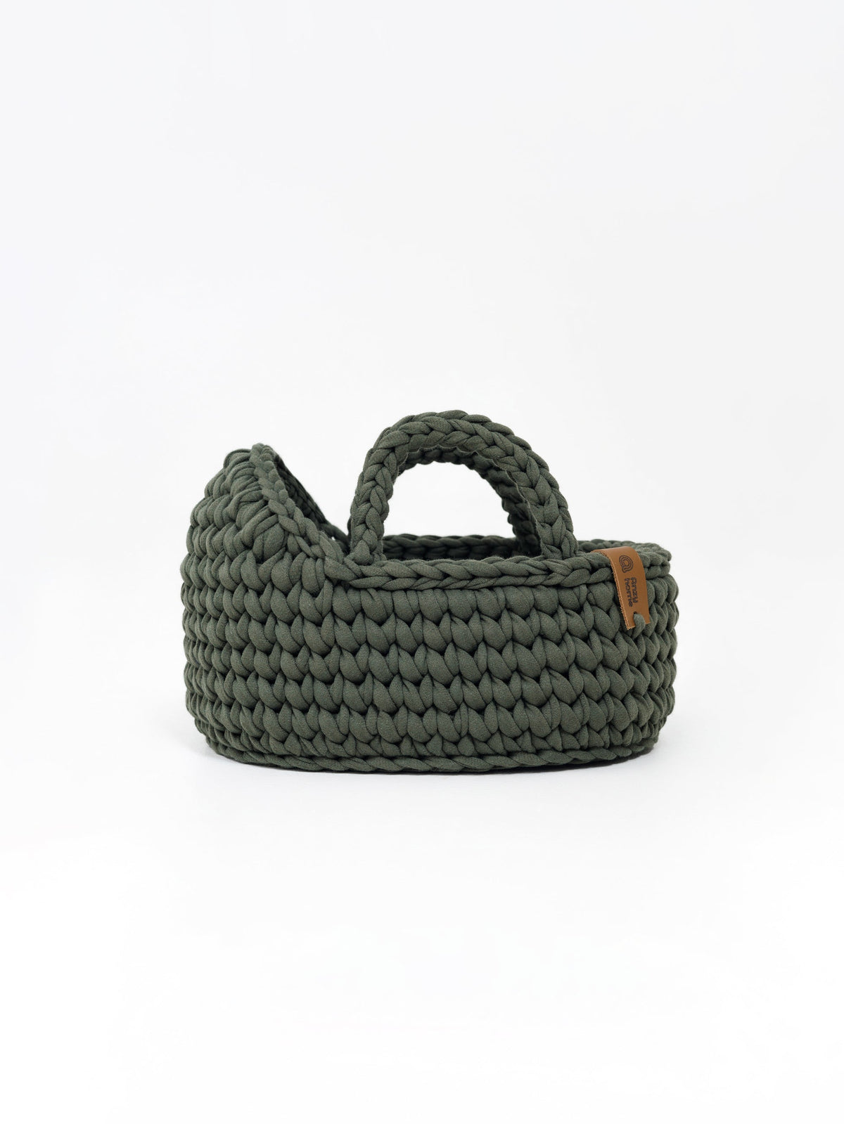 Mini woven doll moses basket with carry handle, dark sage green knit