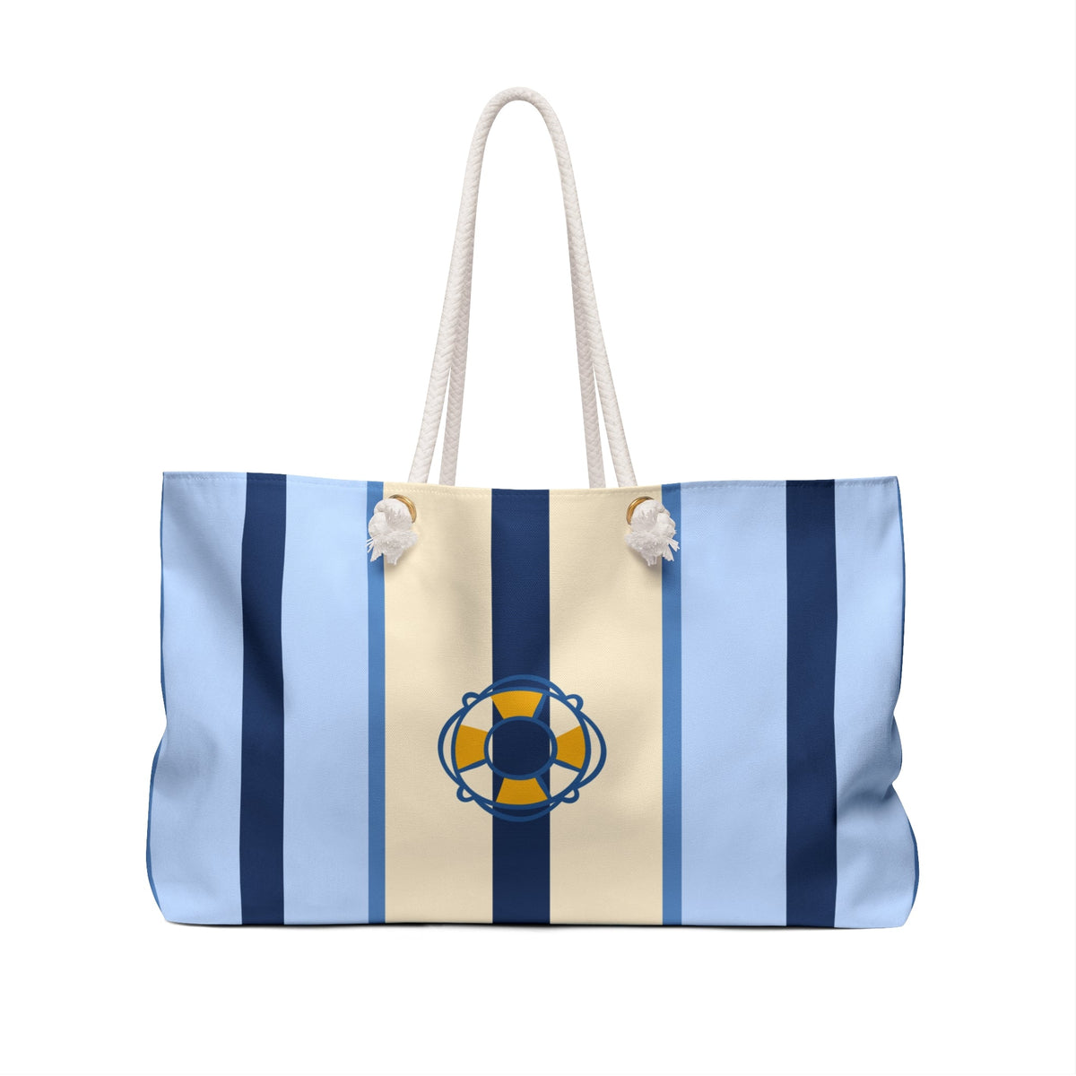 Oversized blue striped tote bag with central beige panel and blue emblem graphic