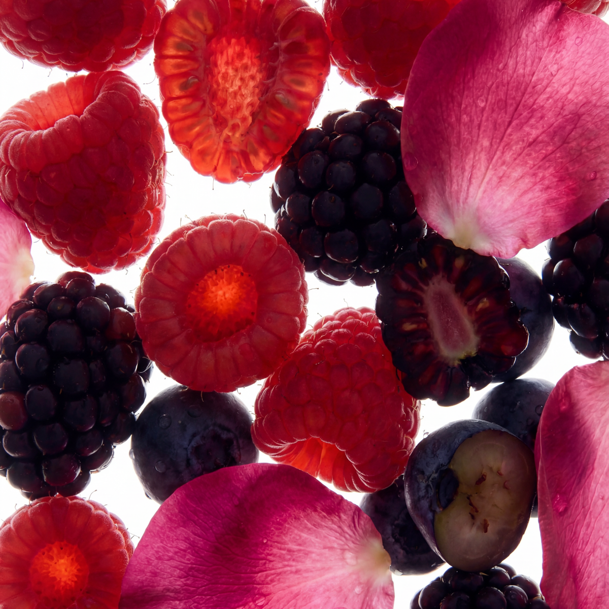Wild berries and roses scent ingredients, showing red berries and pink petals