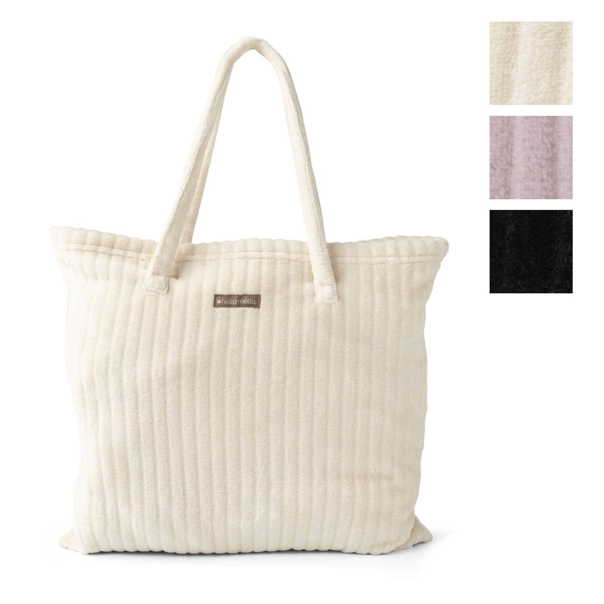 Hello Mello cream ribbed tote bag with long handles; color swatches show cream, pink, and black.