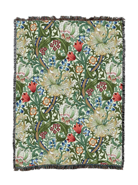 Golden Lily blanket in green, cream, and red floral medallion pattern with tassel fringe