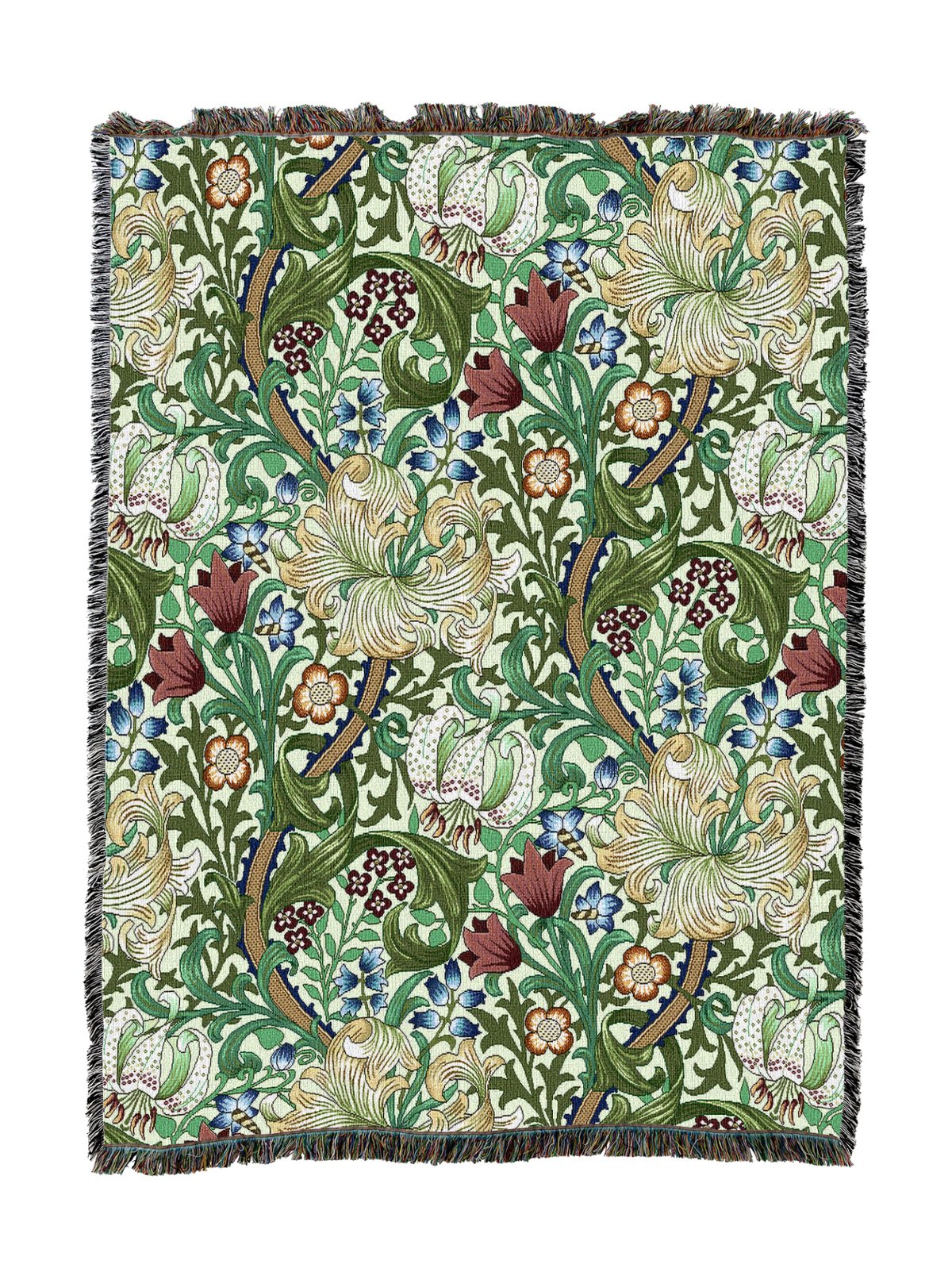 William Morris Golden Lily blanket with green floral vine pattern and tassel fringe