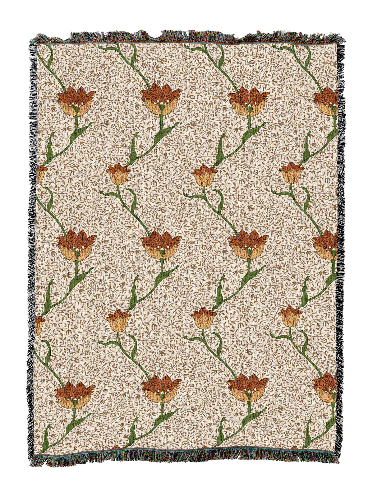 Garden tulip blanket with cream backdrop and orange-brown tulip heads on green stems; fringed