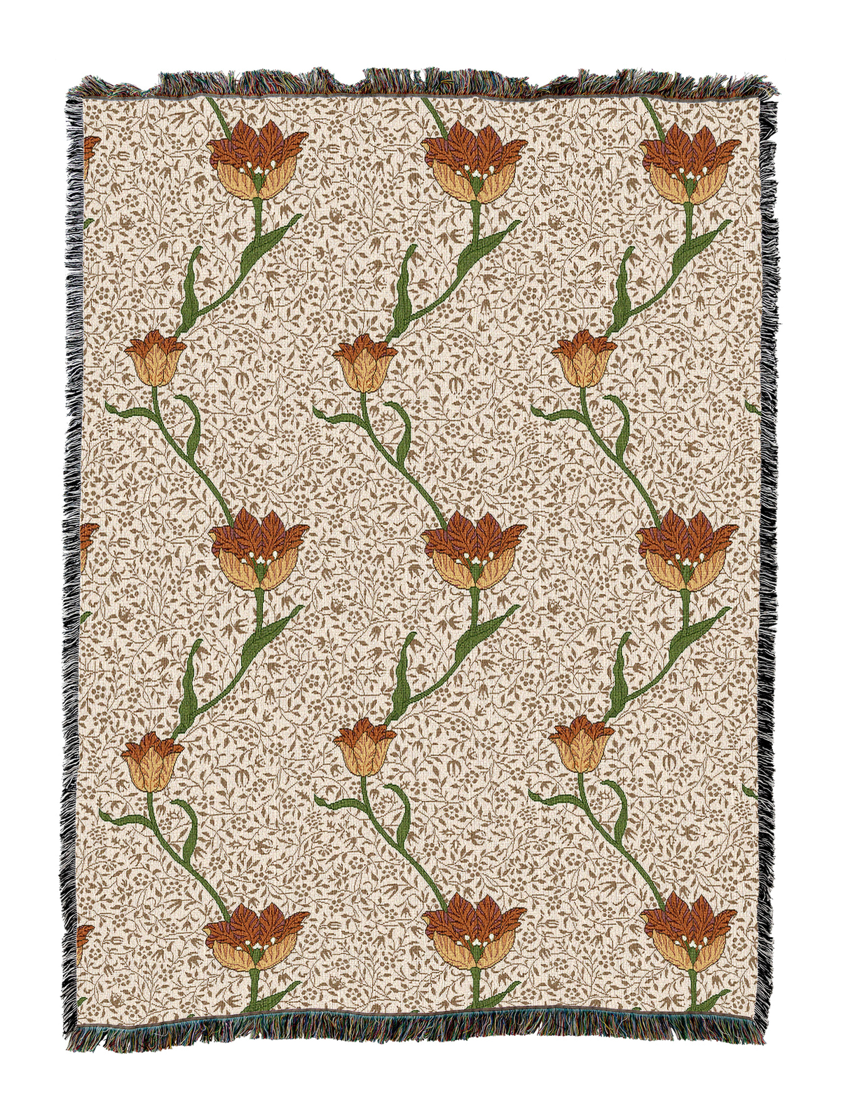 Garden tulip blanket with cream backdrop and rust and green tulip stems; fringed border