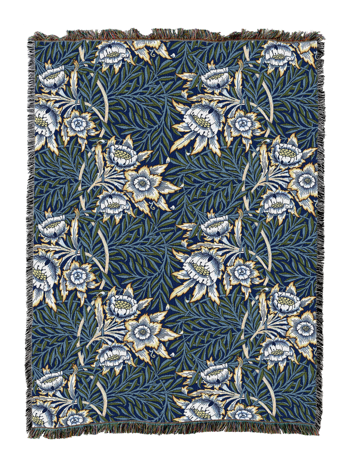 Deep teal floral blanket with white-and-gold blooms and tulip-and-willow leaves, fringe