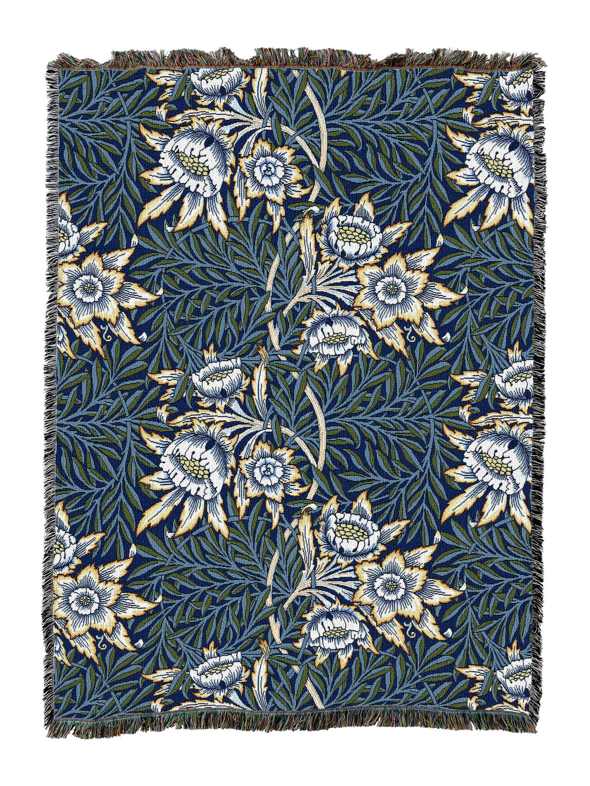 Dark teal floral blanket with tulip-and-willow pattern, fringed border