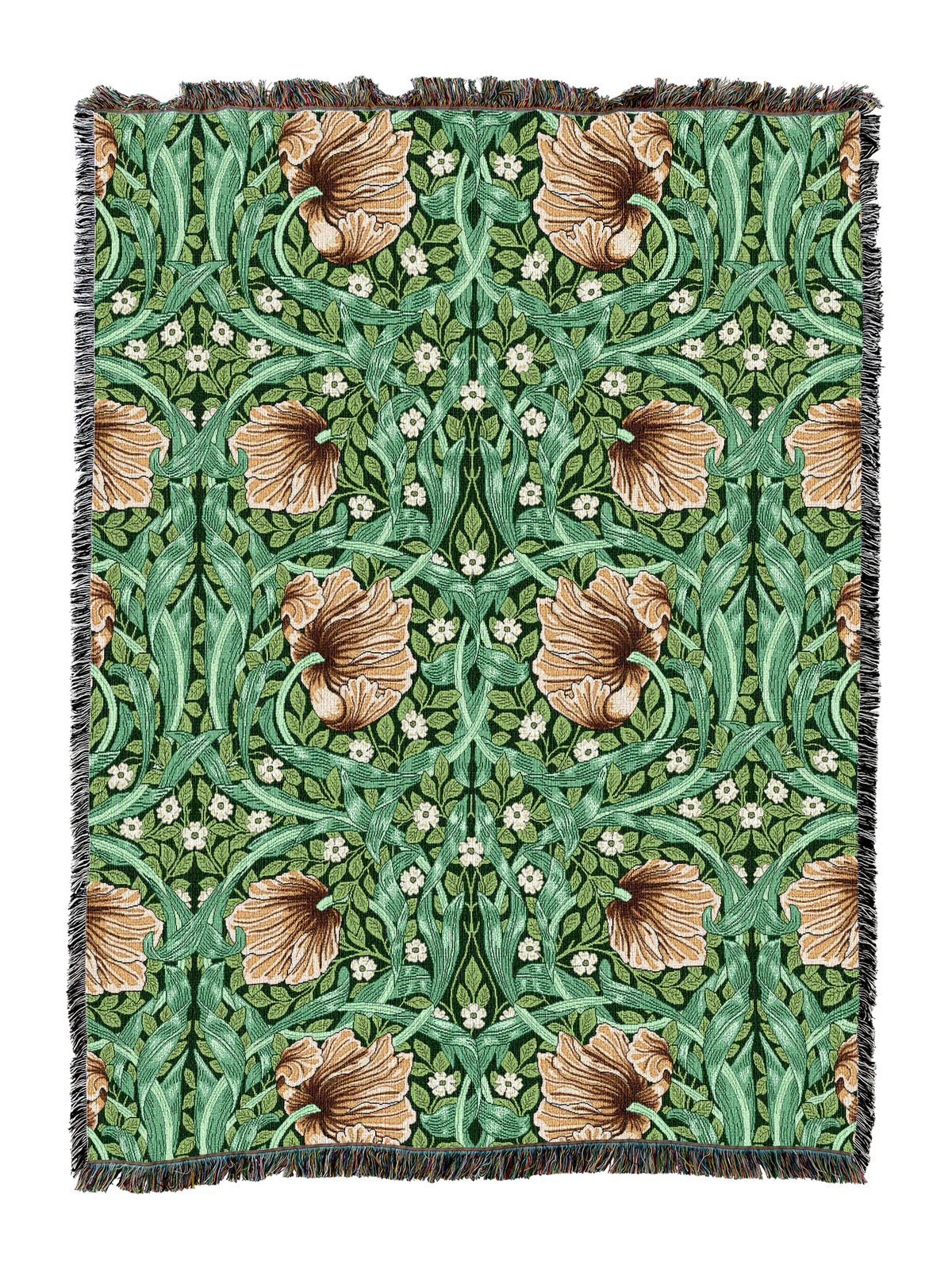 Green floral blanket with fringe, featuring repeating bird silhouettes and blossoms