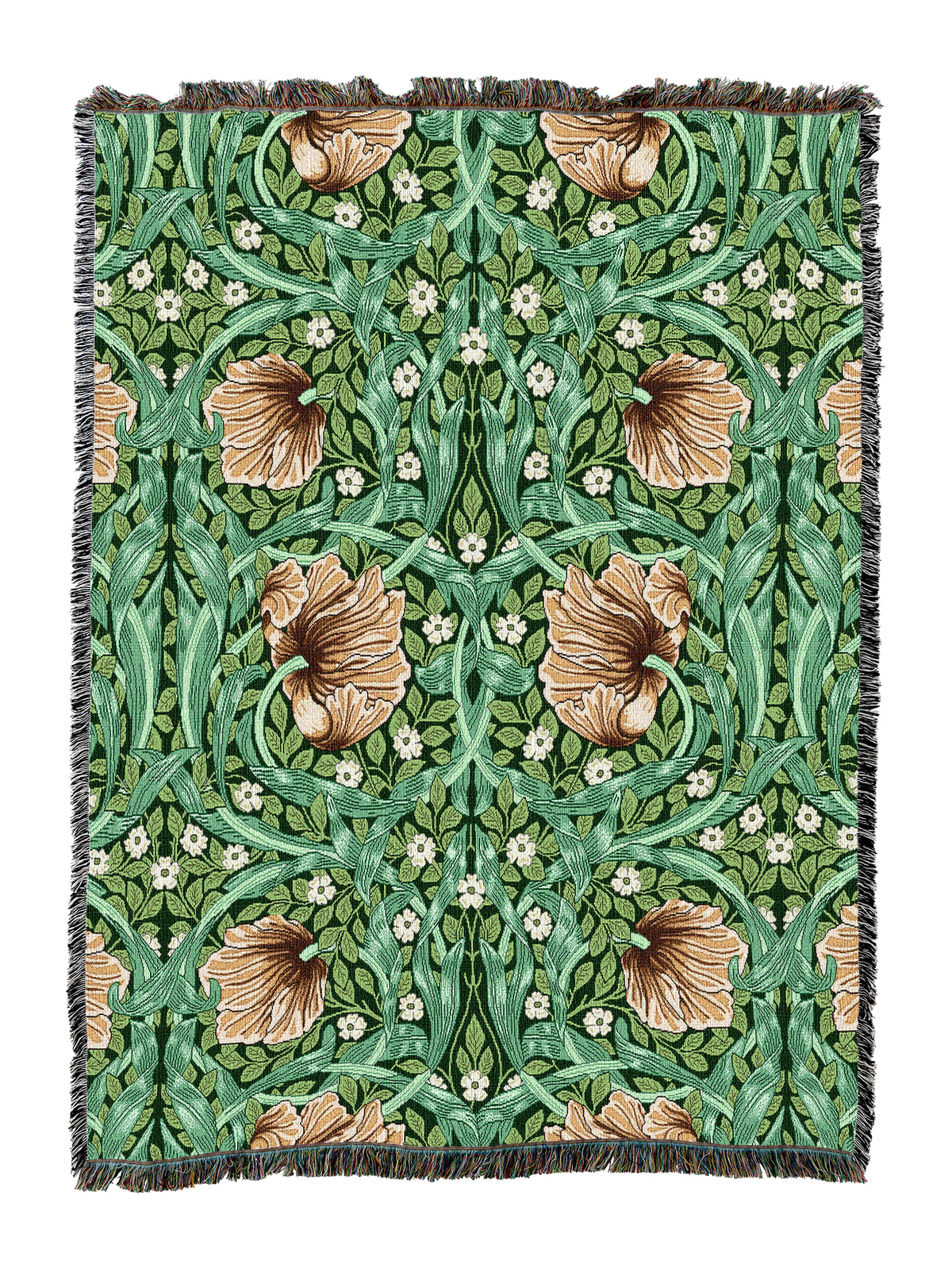 Green floral blanket with scalloped fringe and bird-and-leaf ornament pattern