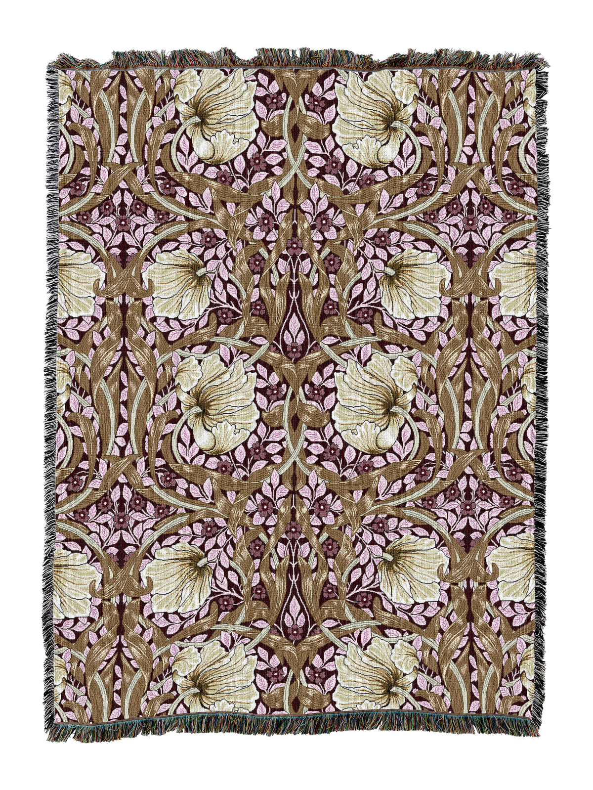 Brown floral blanket with fringe, ornate bird-and-leaf pattern with small white flowers
