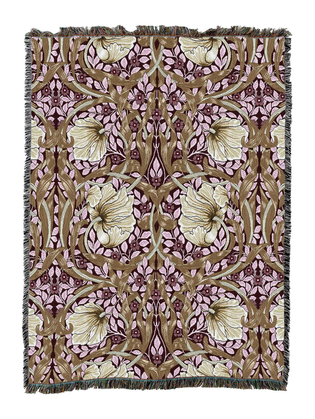 Brown floral blanket with fringe, repeating bird medallions and tiny blossom clusters