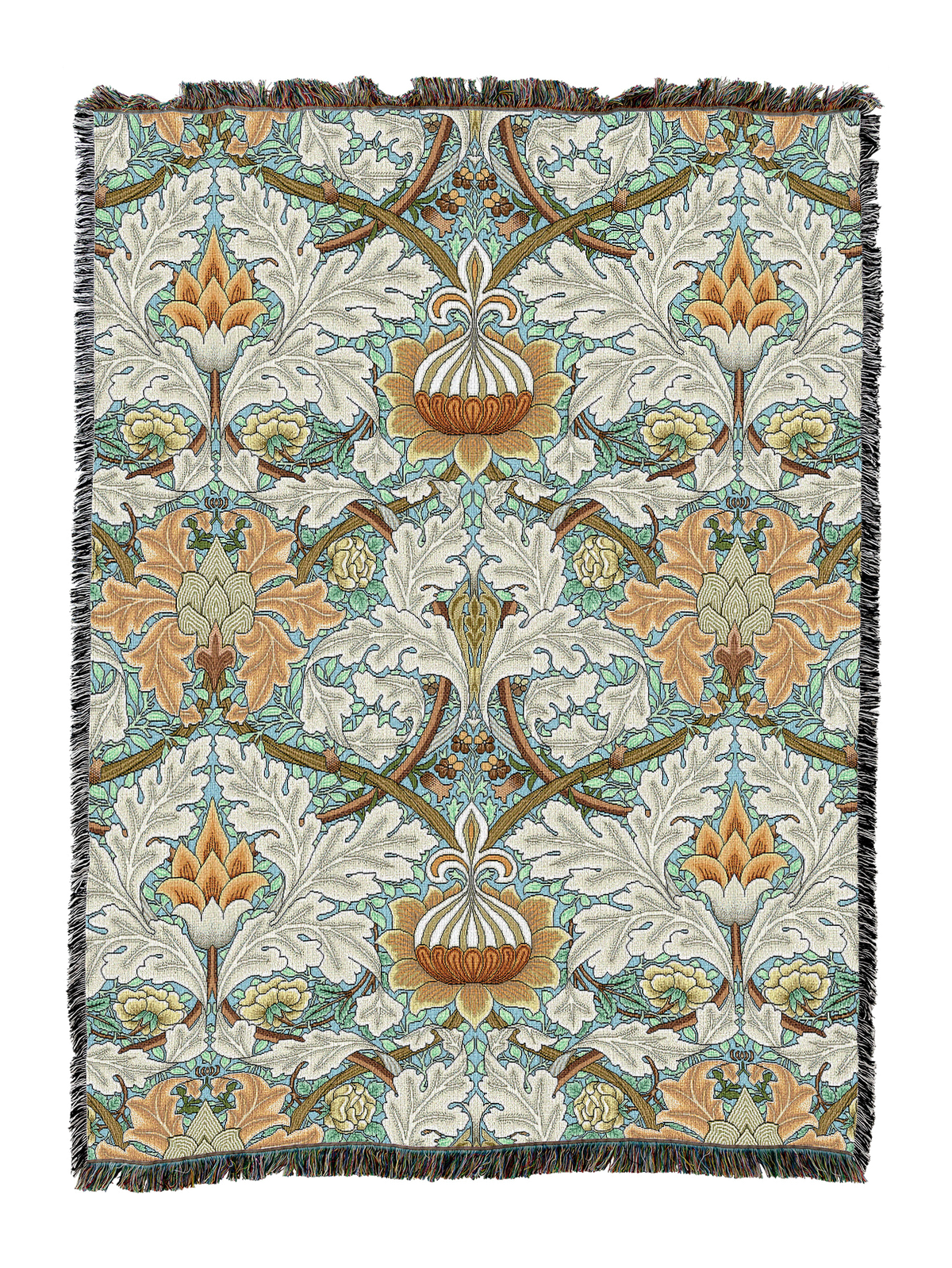 St James blanket in wheat with detailed floral vines and fringed edge border