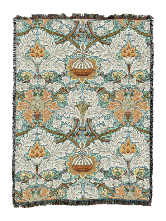 St James blanket in wheat with detailed floral vines and fringed edge border