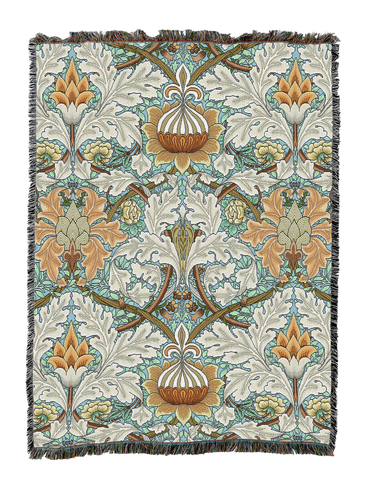St James blanket in wheat with ornate floral pattern and fringed border
