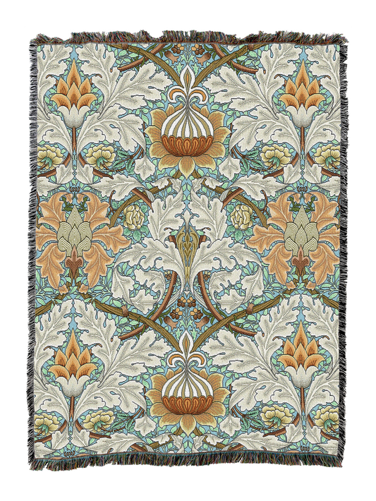 St James blanket in wheat with ornate floral pattern and fringed border