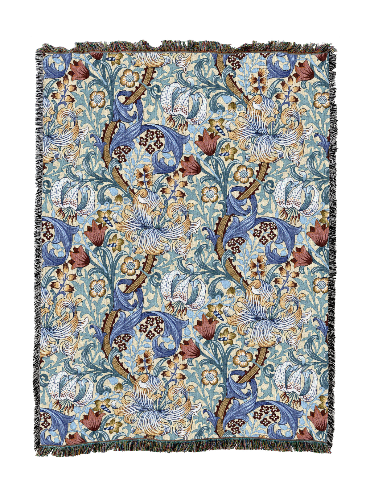 Golden Lily blanket in pale blue with blue and orange floral motif, tassel fringe trim