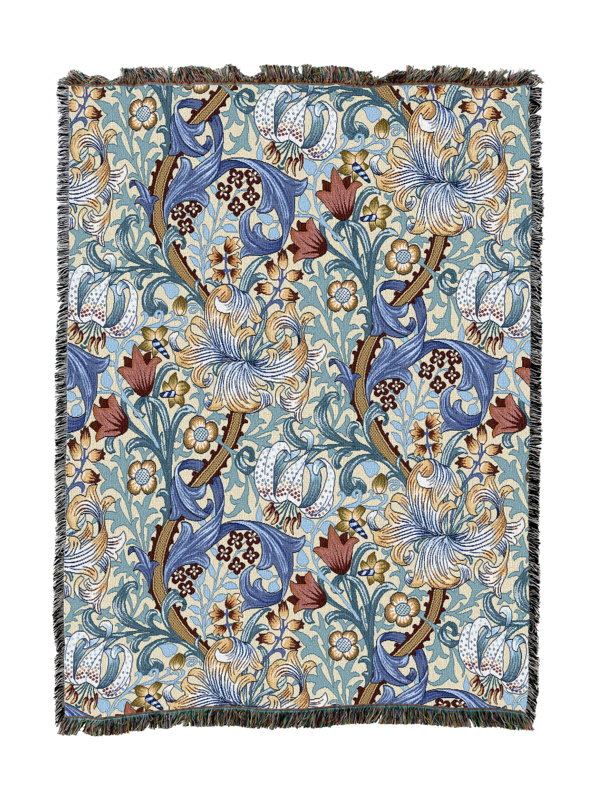 Golden Lily blanket in light blue with cream and brown floral vine pattern, tassel fringe