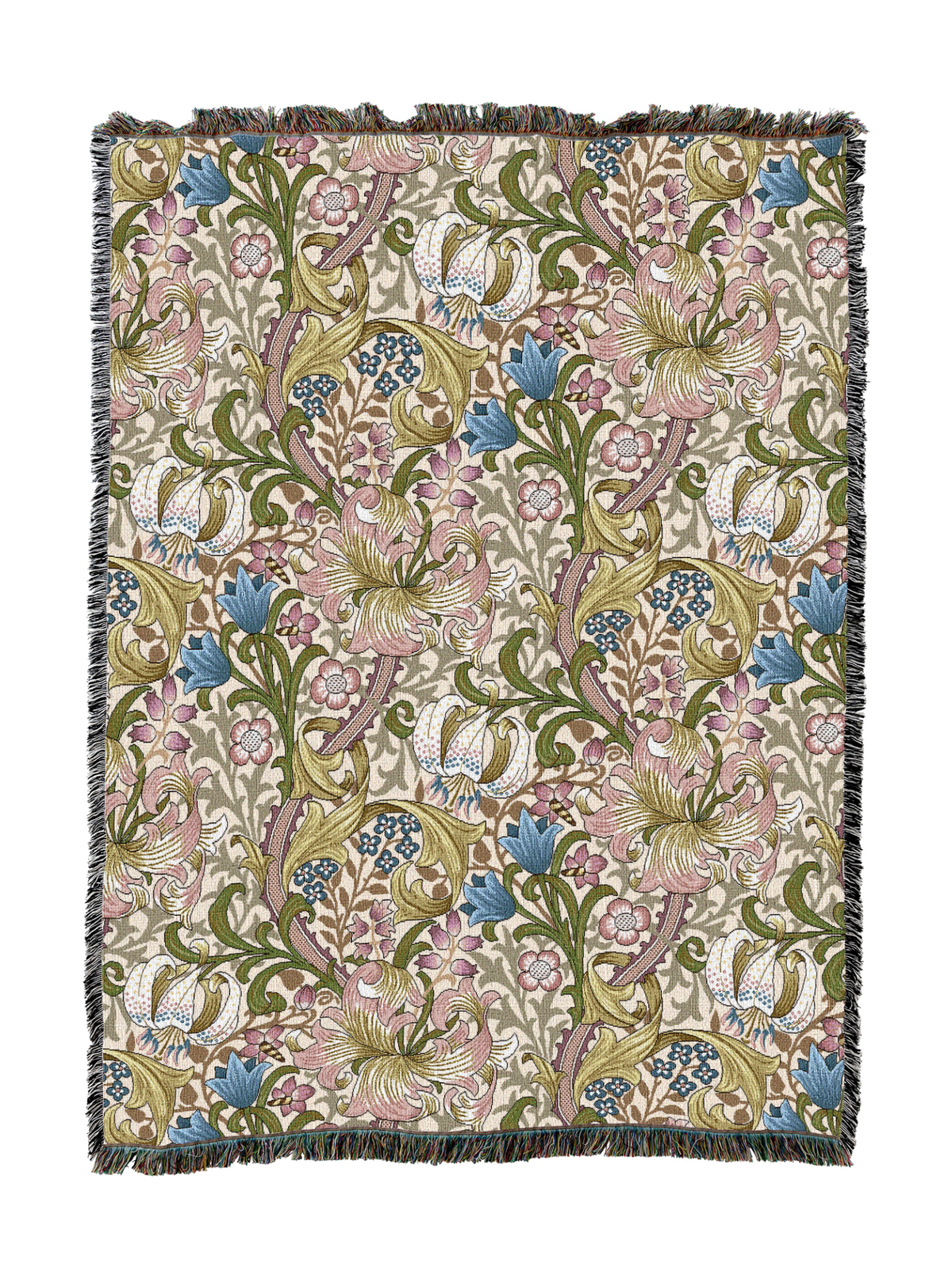 Golden Lily blanket in beige with pink and green floral pattern and tassel fringe