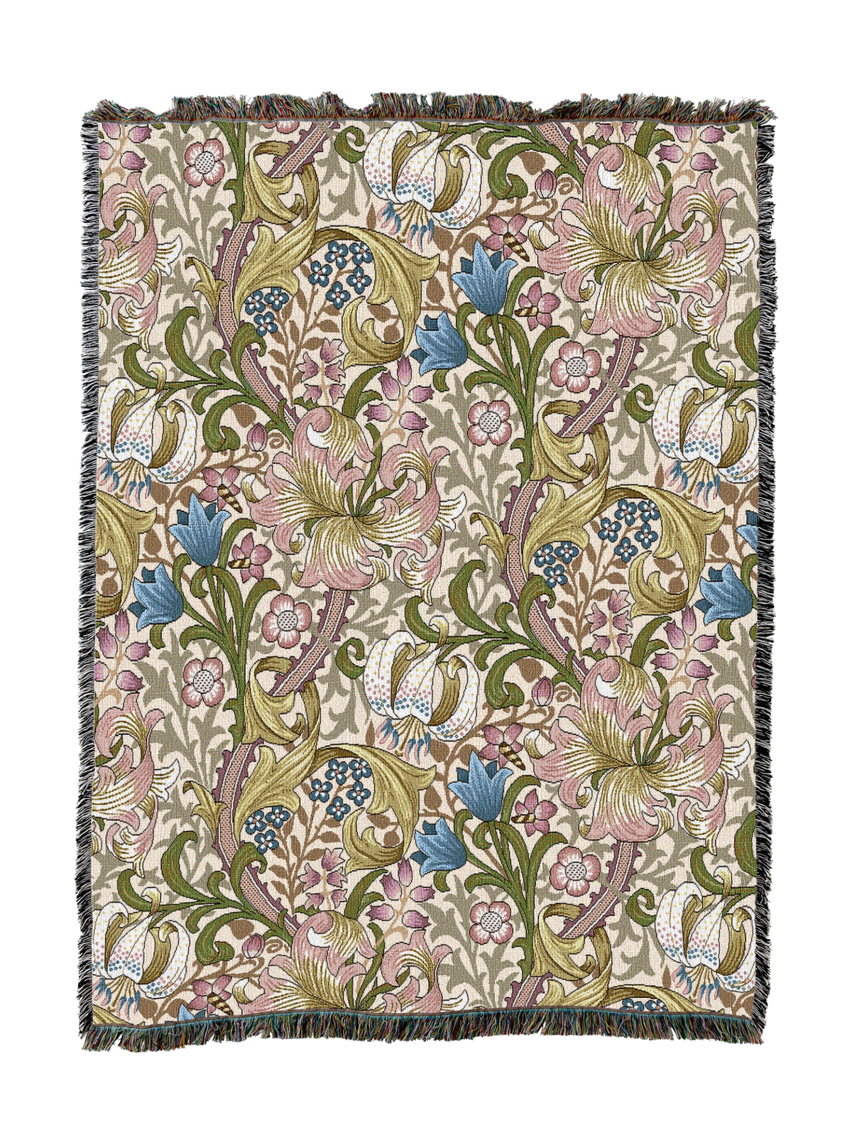 Golden Lily blanket with pink and beige floral vine pattern and tassel fringe