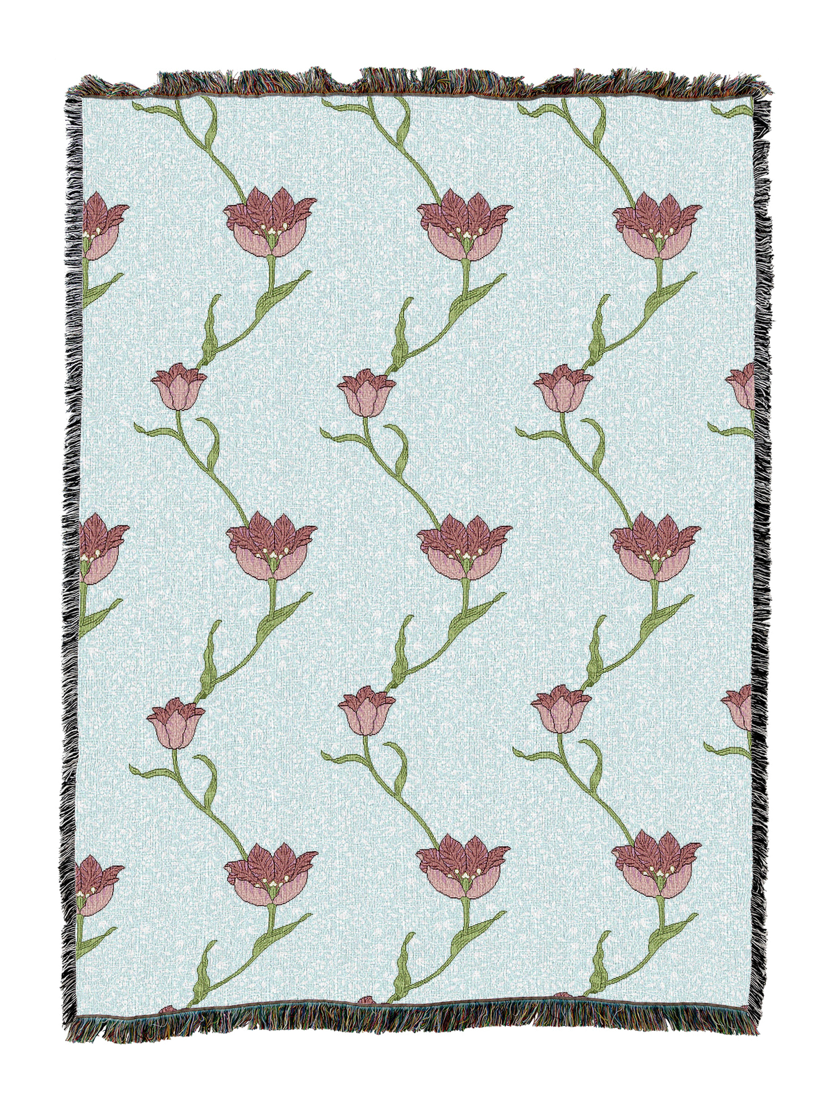 Garden tulip blanket with light blue backdrop and rose-pink tulip stems; fringed border