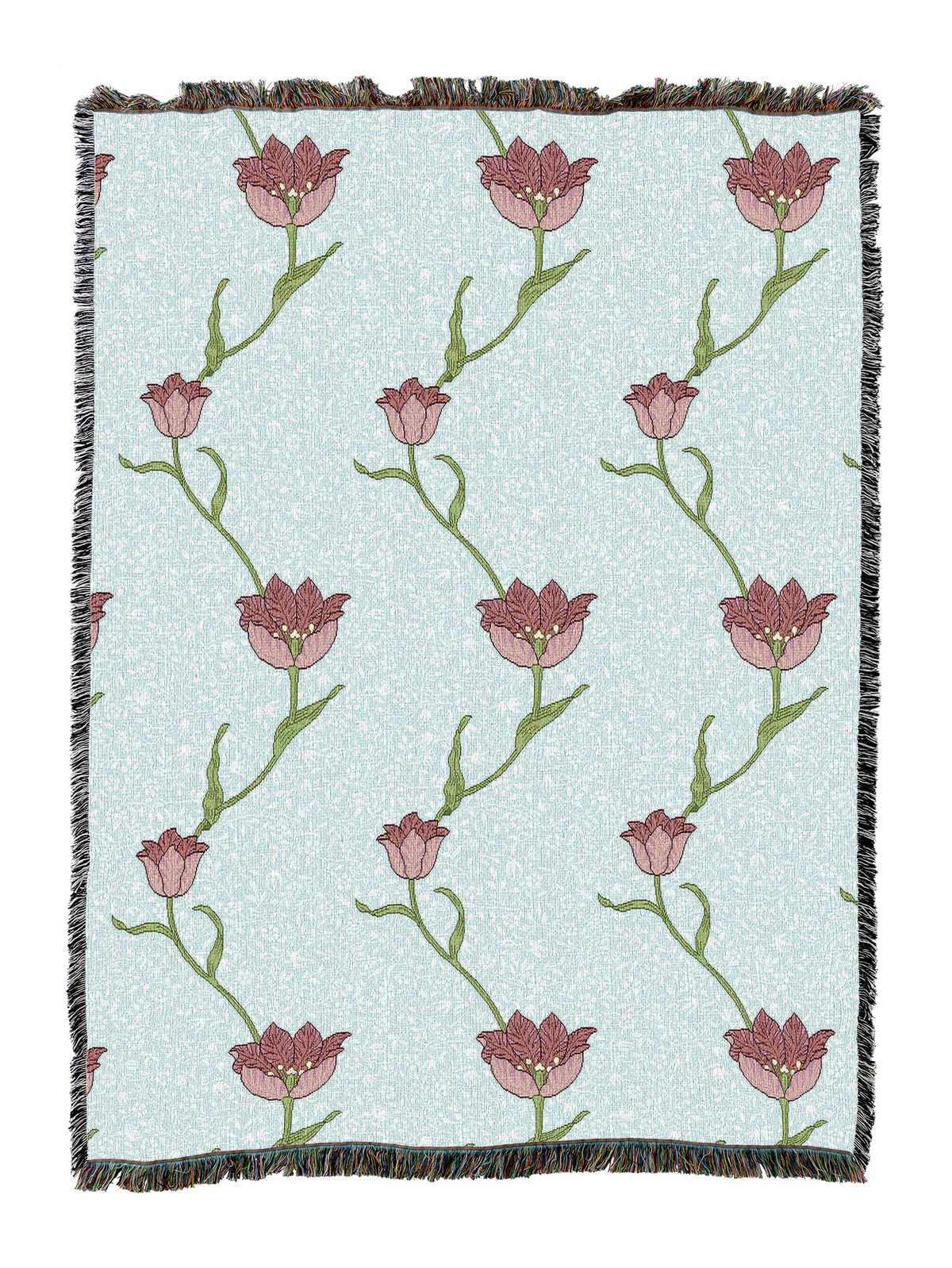 Garden tulip blanket with light blue backdrop and pink tulip heads on green stems; fringed