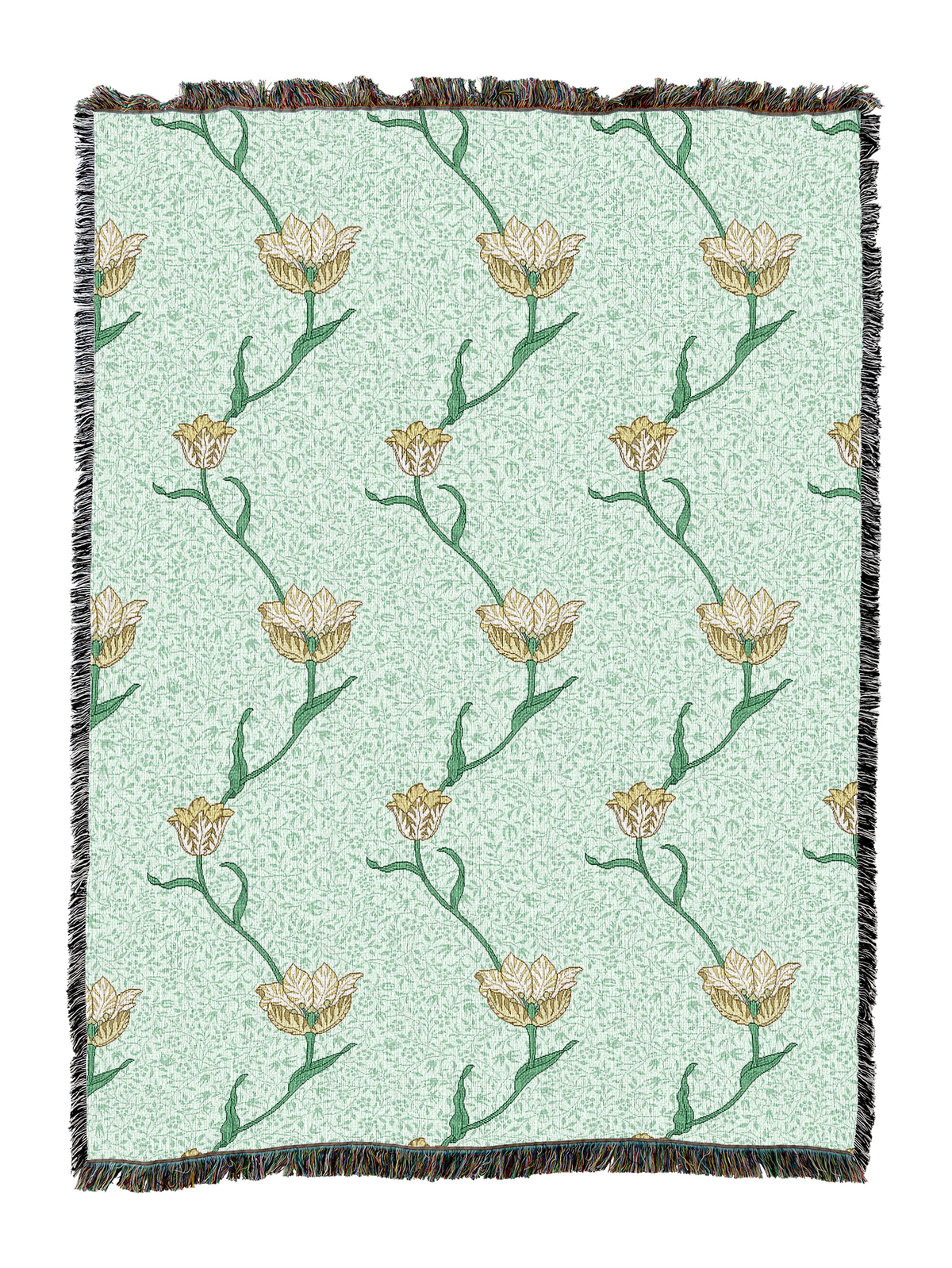 Garden tulip blanket with light mint backdrop and pale gold tulip stems; fringed border