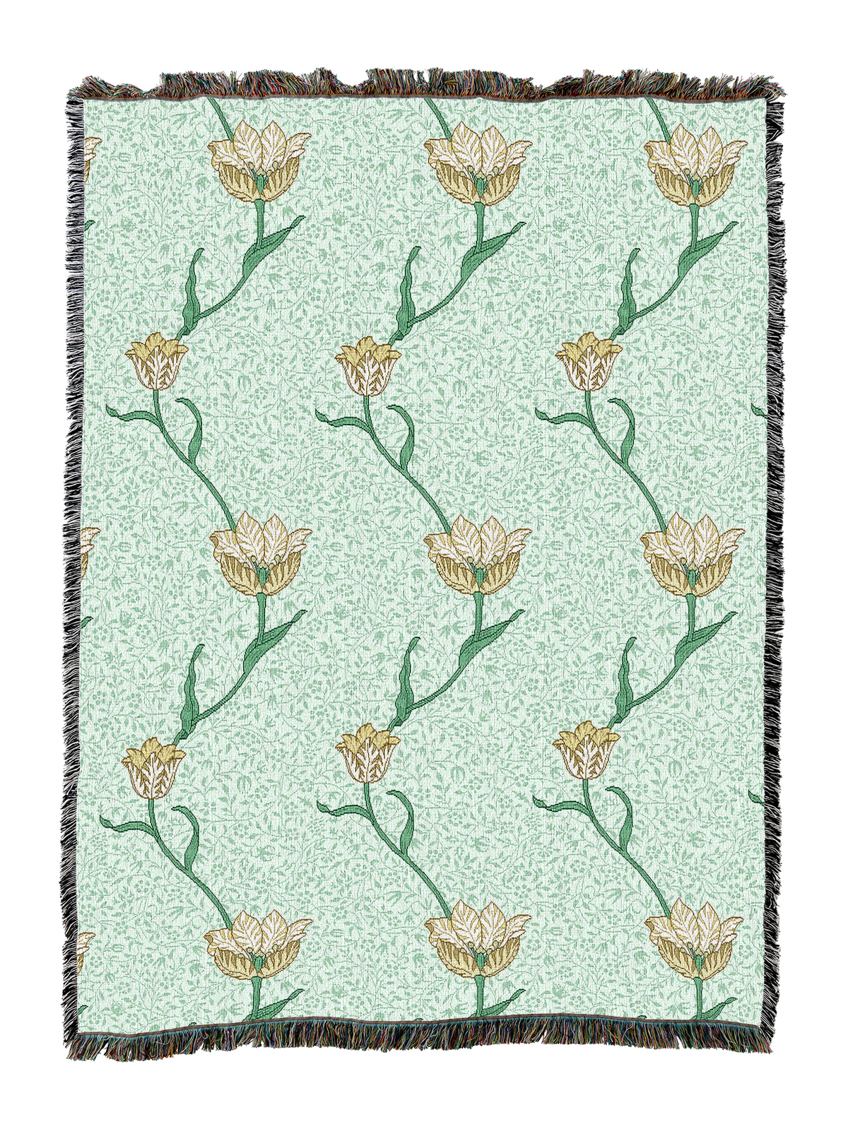 Garden tulip blanket with mint backdrop and gold tulip stems and blossoms; fringed border
