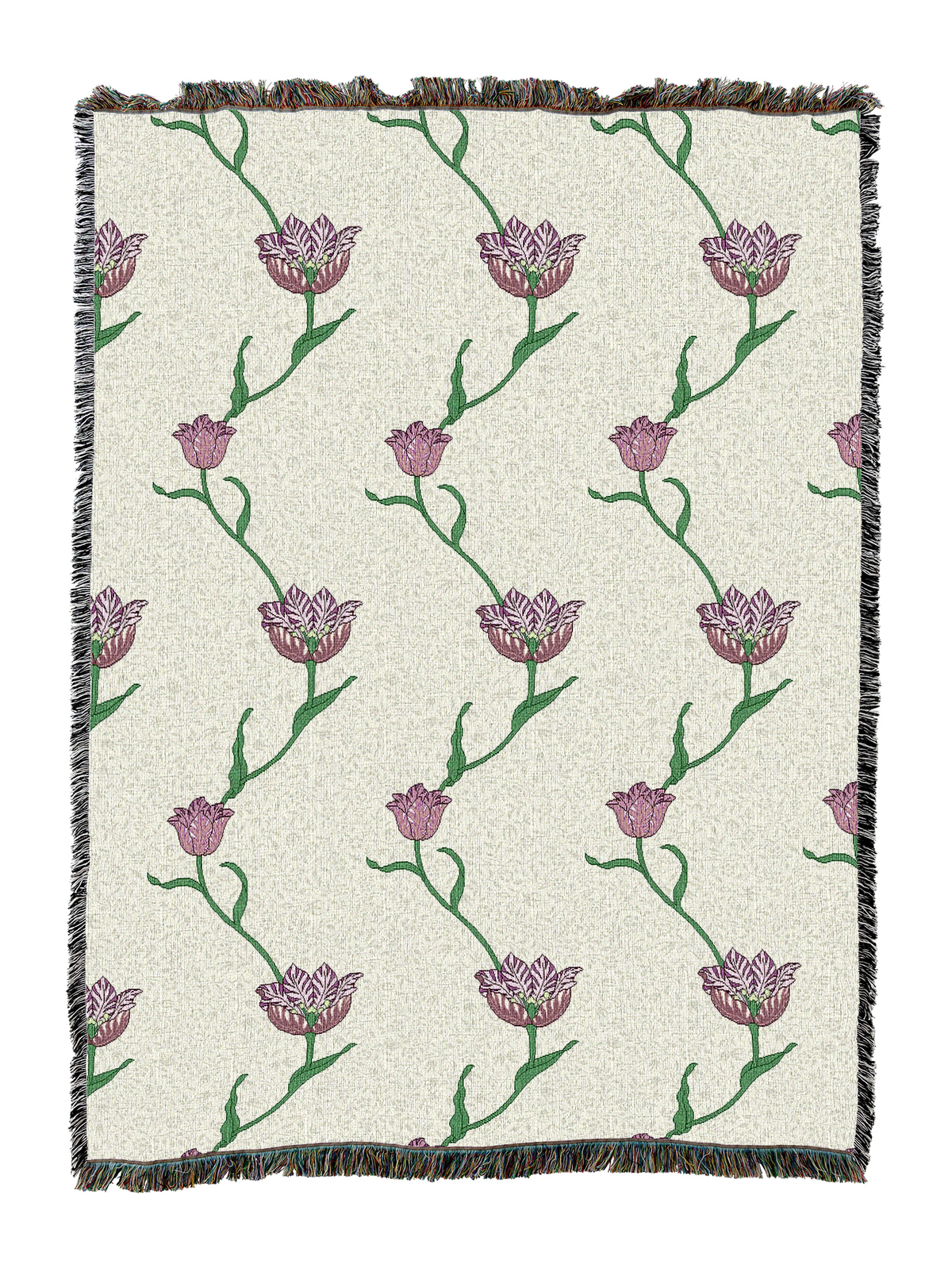 Garden tulip blanket with off-white backdrop and purple tulip stems and blossoms; fringed border