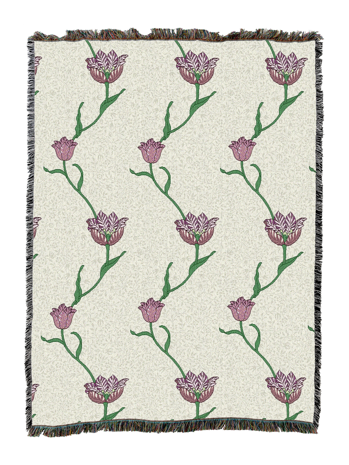 Garden tulip blanket with off-white backdrop and pink and purple tulip stems; fringed border