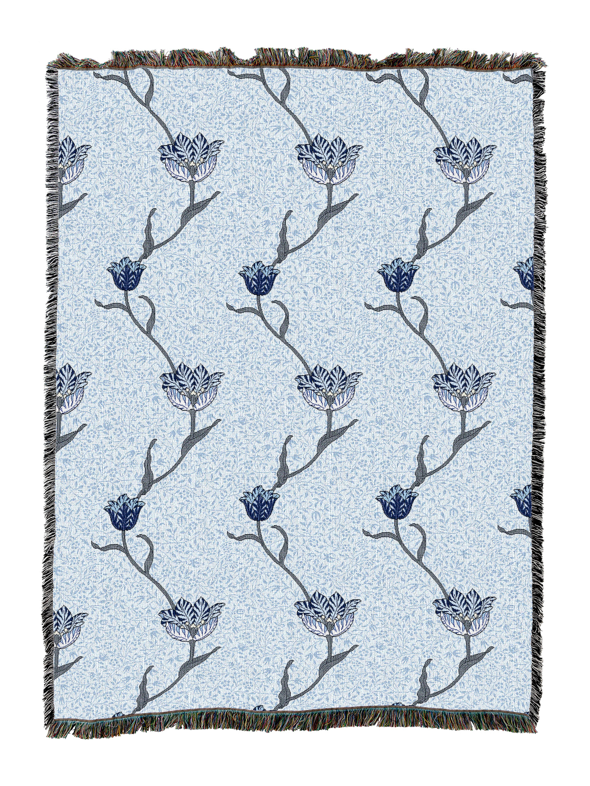 William Morris garden tulip blanket, close view of dark blue tulip stems on light blue