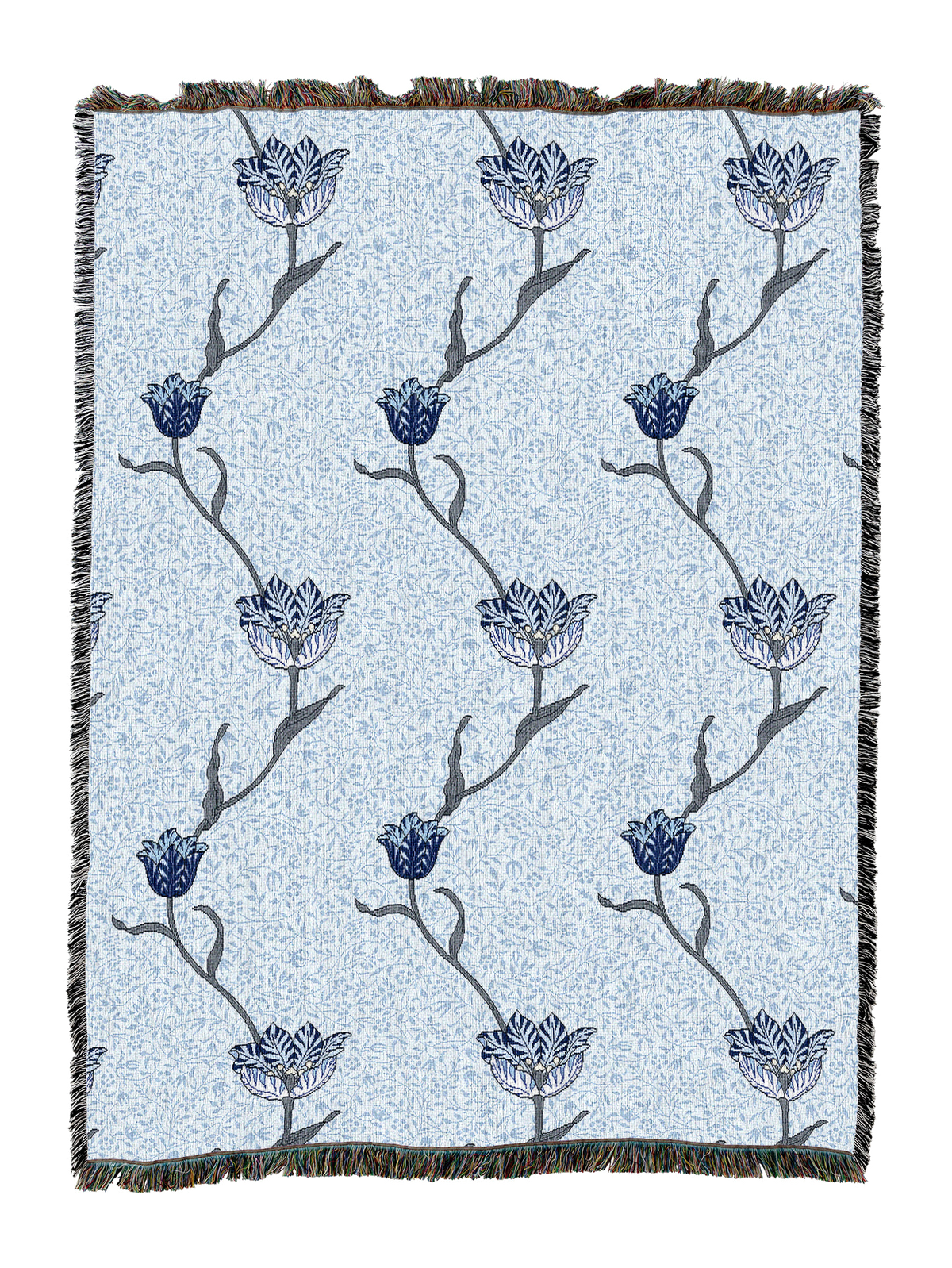 William Morris garden tulip blanket, light blue with dark blue floral pattern and fringe