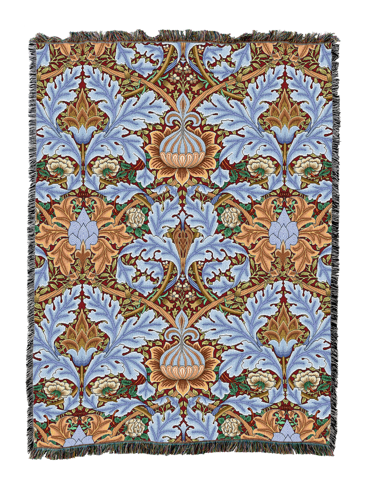 St James blanket in blue with rich floral medallions and fringed edge border