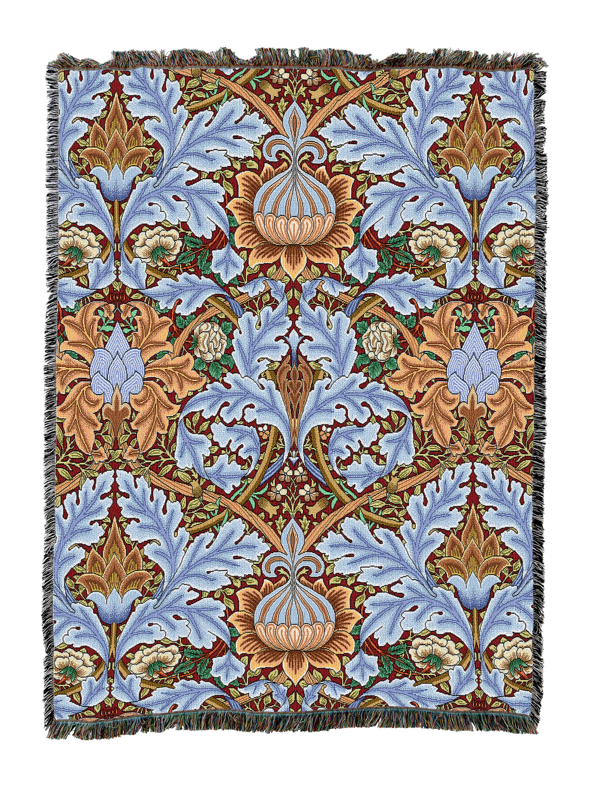 St James blanket in blue with ornate botanical pattern and fringed border
