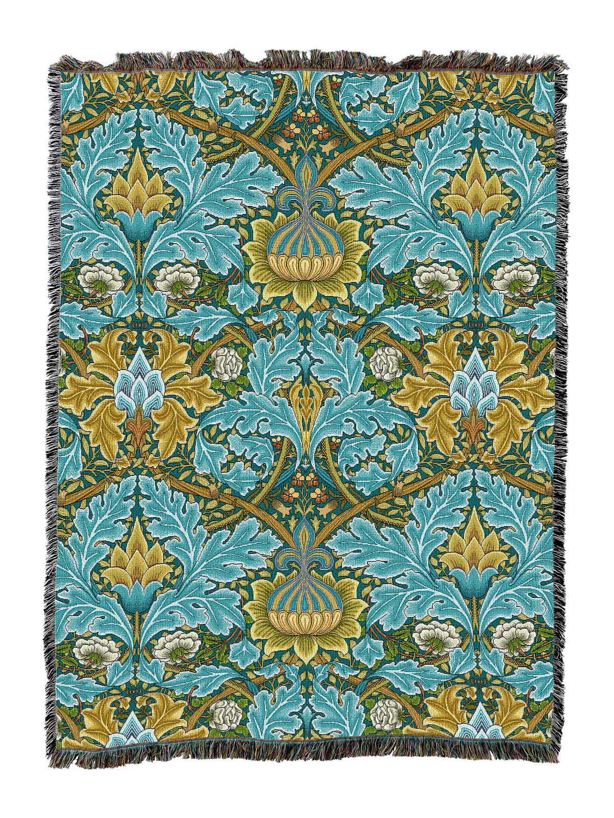 St James blanket in teal with gold, blue, and white floral pattern, fringed border